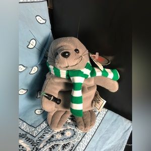 Vintage 1997 Coca-Cola Beanie Plush Seal with Green + white scarf & Bottled Coke